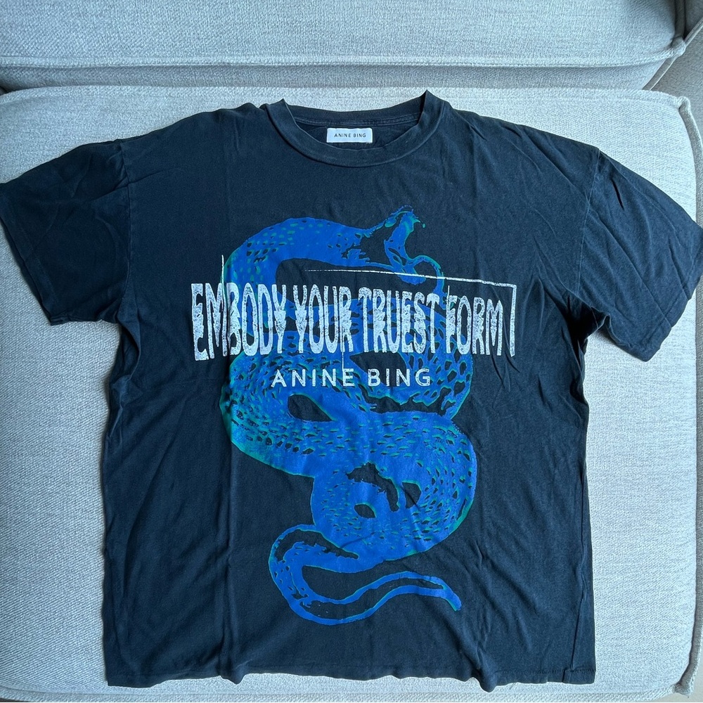 Anine Bing Black Tee with Blue and Green Snake Graphic